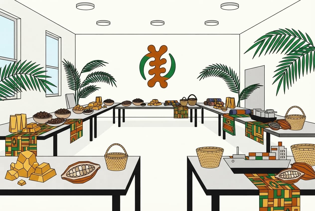 Flat illustration of Cocoa pod, Gold nugget, Shipping vessel, Palm frond, Market basket, Adinkra symbol